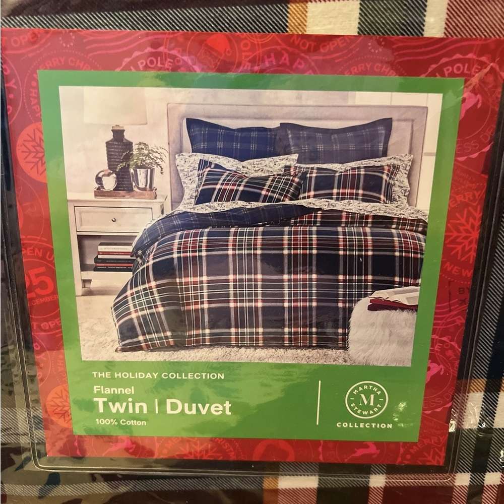 NEW! Set of Two Martha Stewart CABIN Navy Plaid Flannel TWIN Duvet Cover